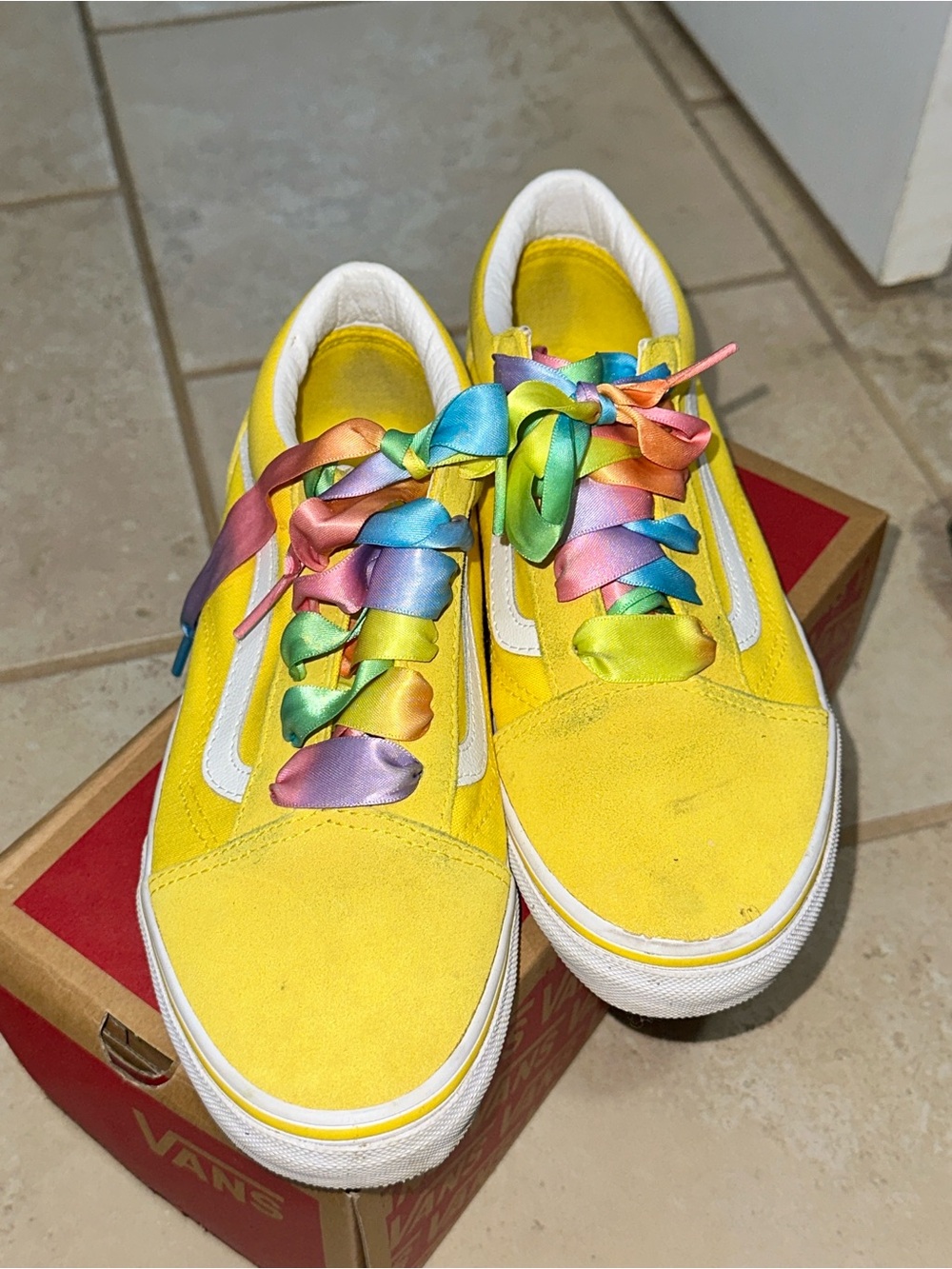 Vans Kids Yellow Low-Top Sneakers with Multicolor Satin Laces